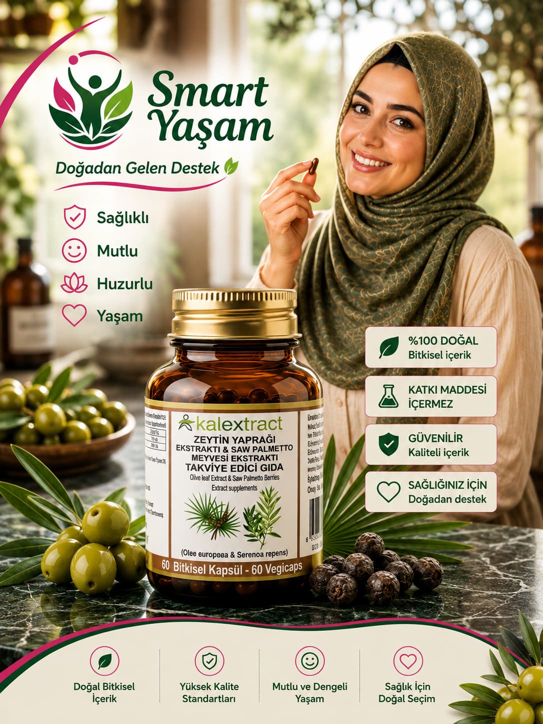 Zeytin Yaprağı Ekstraktı & Saw Palmetto Meyvesi Ekstraktı – 60 Adet Bitkisel Kapsül – Takviye Edici Gıda